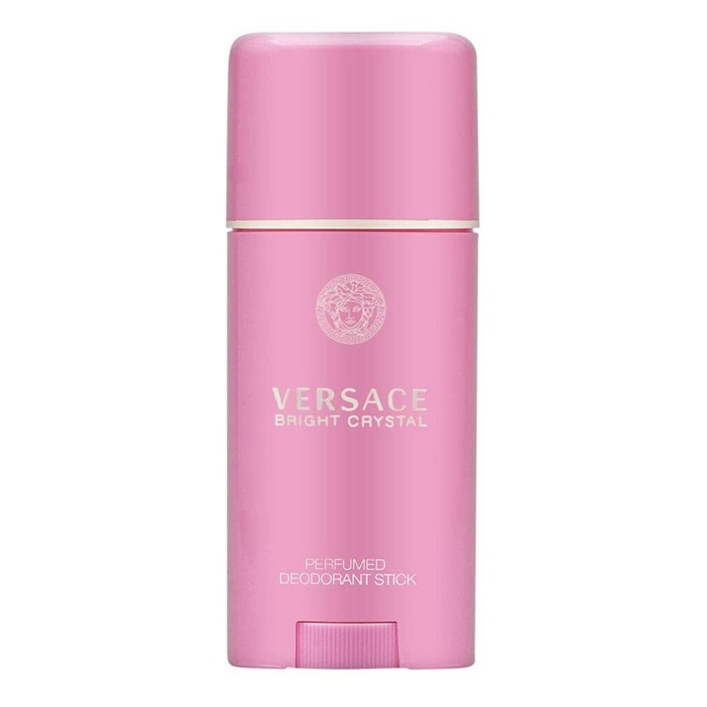 Rosa Deo-Stick. Aufschrift: VERSACE BRIGHT CRYSTAL, PERFUMED DEODORANT STICK. Zylinderform mit Deckel und Drehmechanismus.