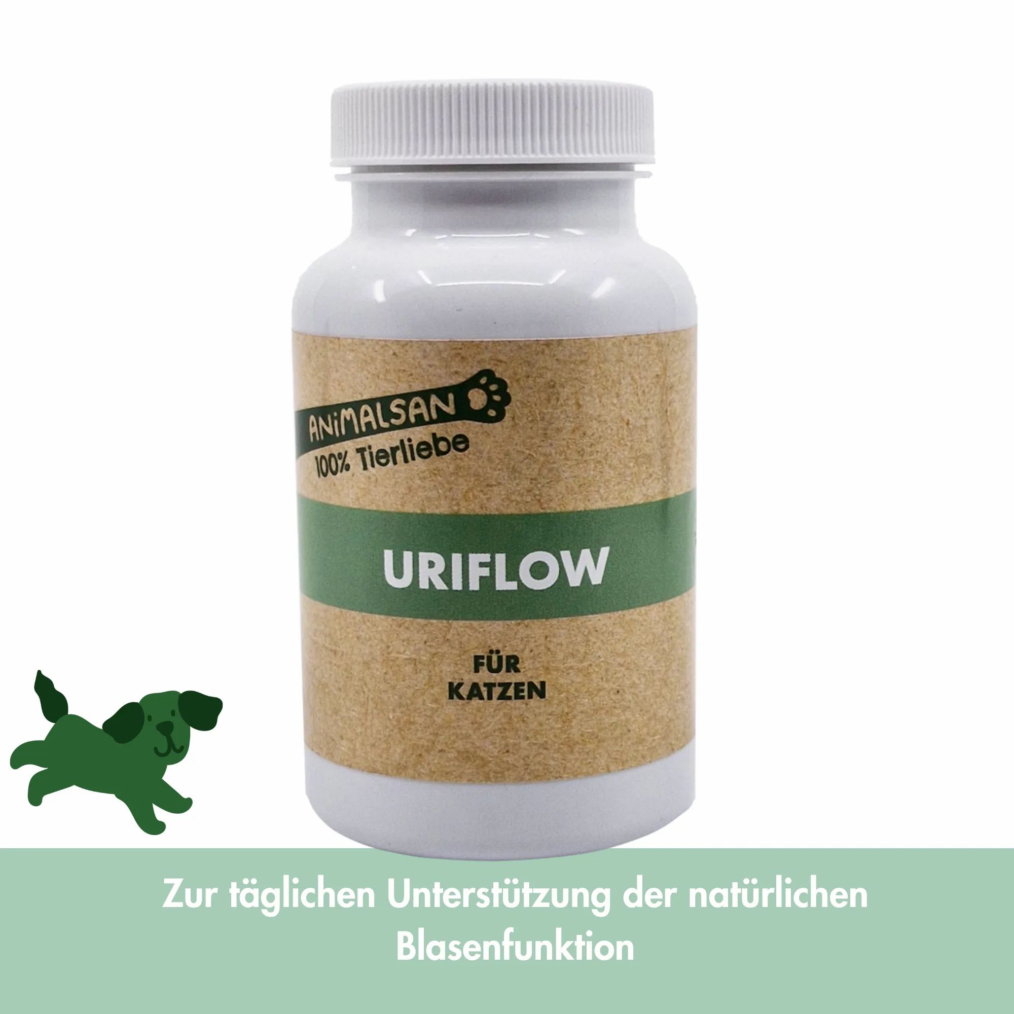 ANIMALSAN Uriflow für Katzen: Weiße Dose mit braunem Etikett und grünen Akzenten. Enthält Kautabletten zur Unterstützung der Blasenfunktion.
