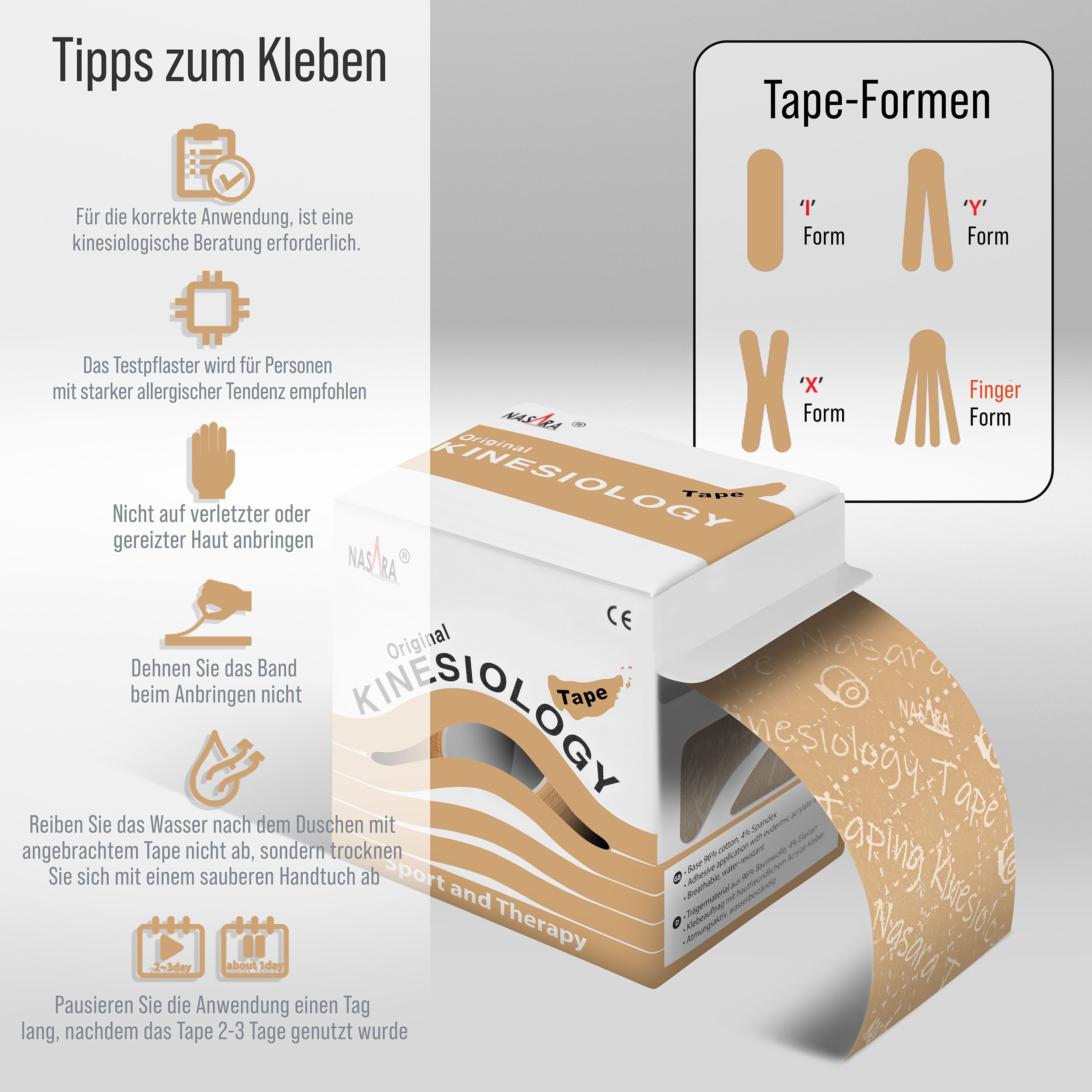 Box mit NASARA Kinesiologie Tape. Text: Tipps zum Kleben, Tape-Formen. Beige Tape wird aus der Box gezogen.