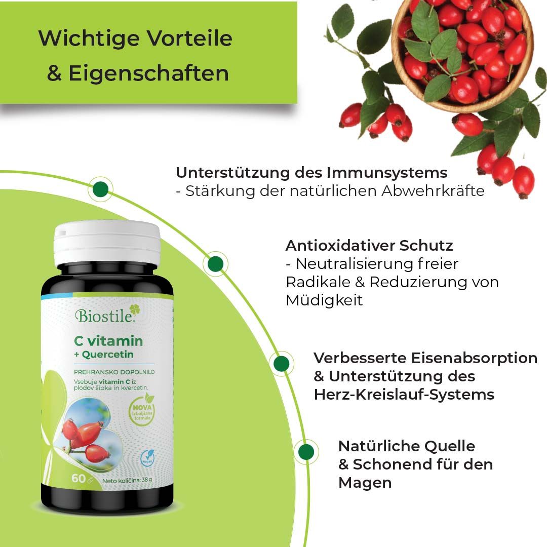 Flasche Biostile C vitamin + Quercetin. Aufschrift: 60 Kapseln. Text: Unterstützung des Immunsystems, antioxidativer Schutz, verbesserte Eisenabsorption.