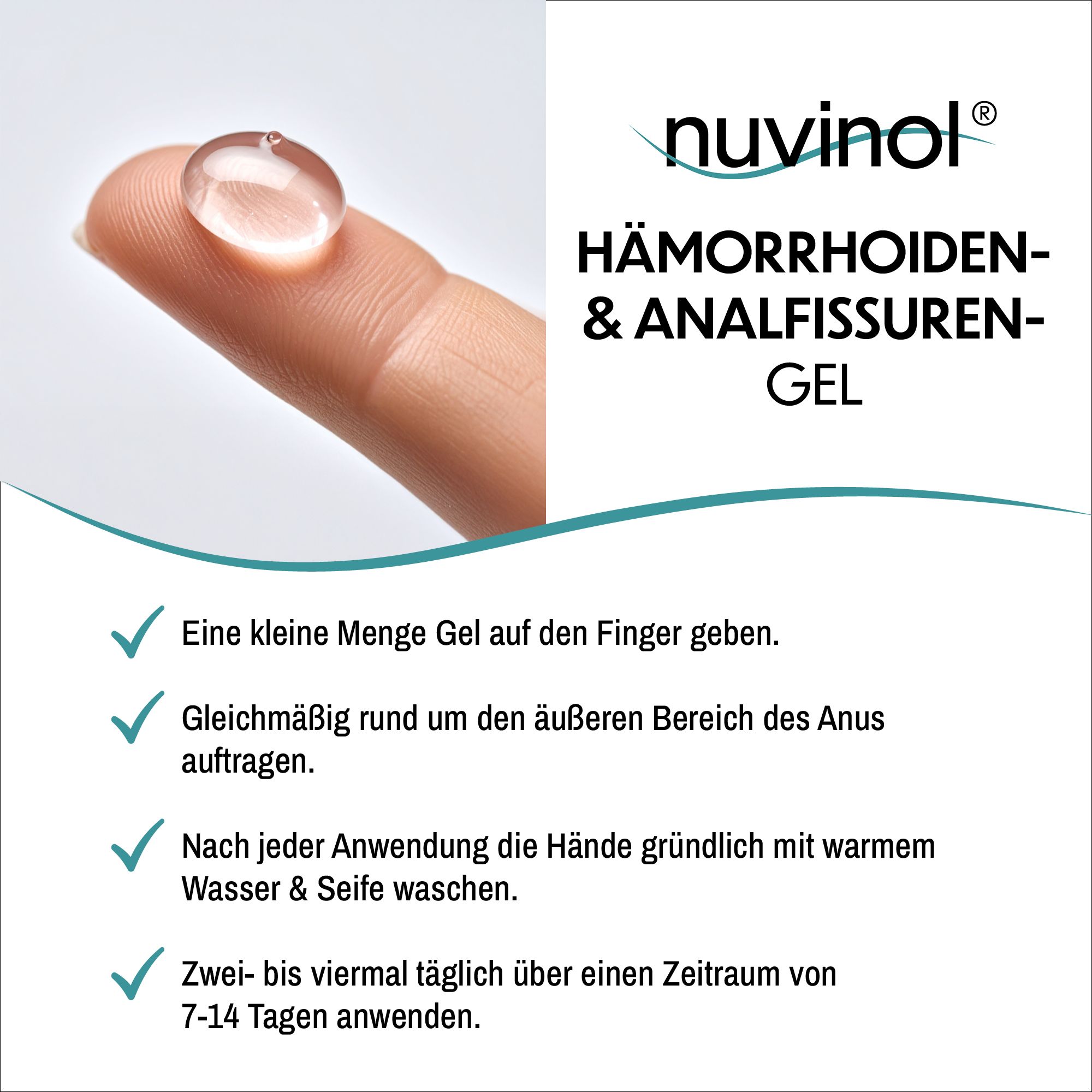 Gel auf Finger. Text: "Eine kleine Menge Gel auf den Finger geben". Logo "nuvinol".