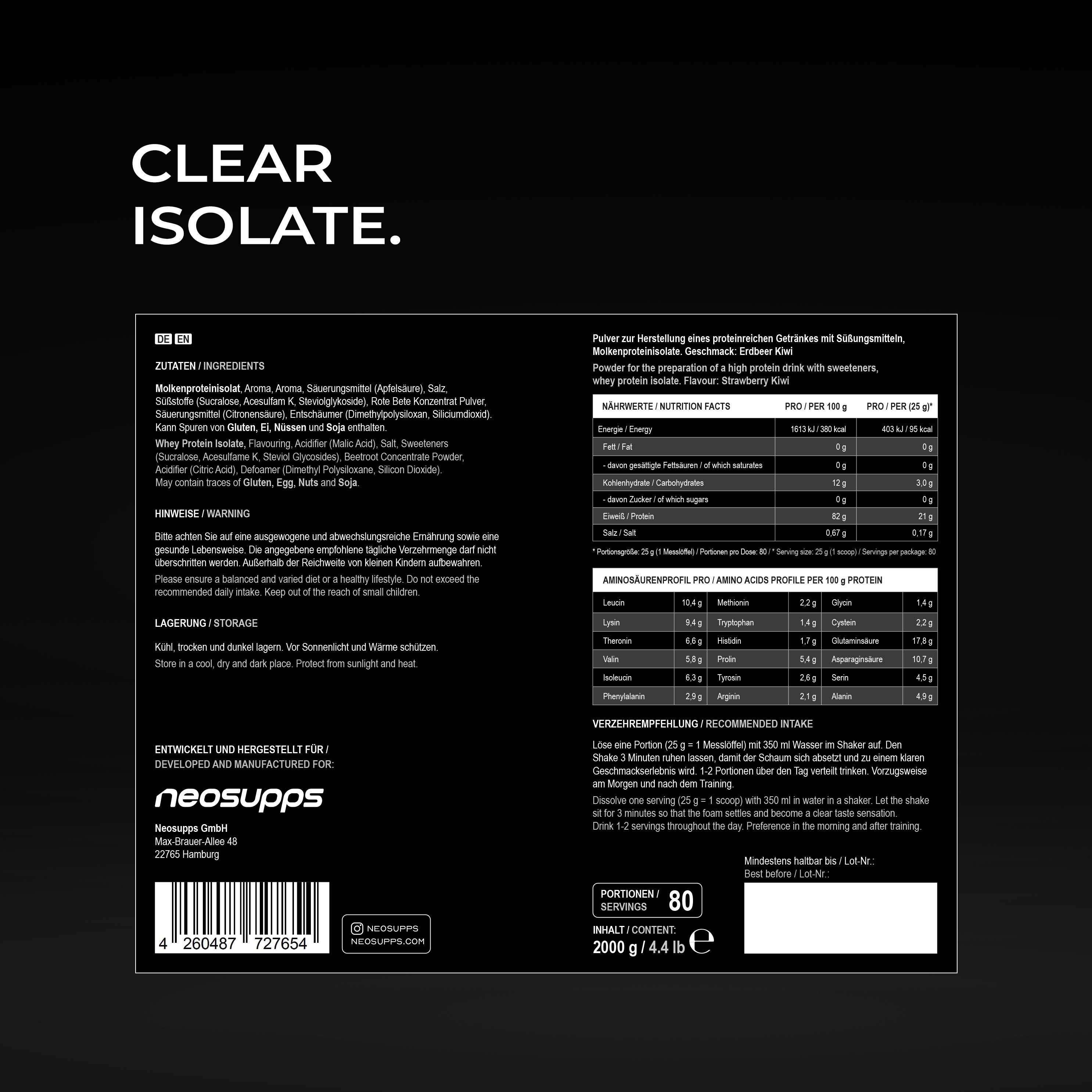 Rückseite eines Neosupps Clear Isolate Protein Pulver Behälters mit Nährwertangaben und Zutatenliste für Erdbeer-Kiwi-Geschmack.
