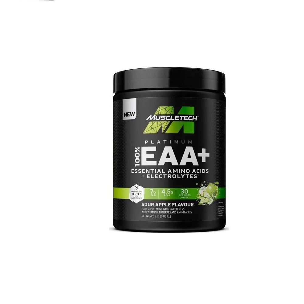 Schwarze Dose mit "MuscleTech Platinum EAA+". Aufschrift "Sour Apple Flavour". Enthält Aminosäuren und Elektrolyte.