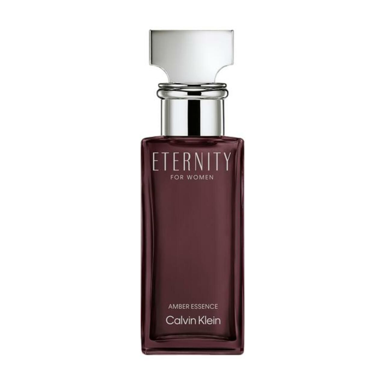 Flakon mit silbernem Verschluss. Aufschrift "Eternity for Women" und "Amber Essence". Marke Calvin Klein.