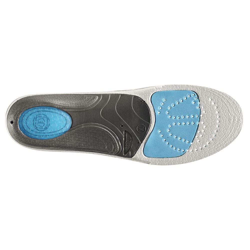 Graue und blaue Einlegesohle mit verschiedenen Zonen und Löchern. Logo sichtbar.