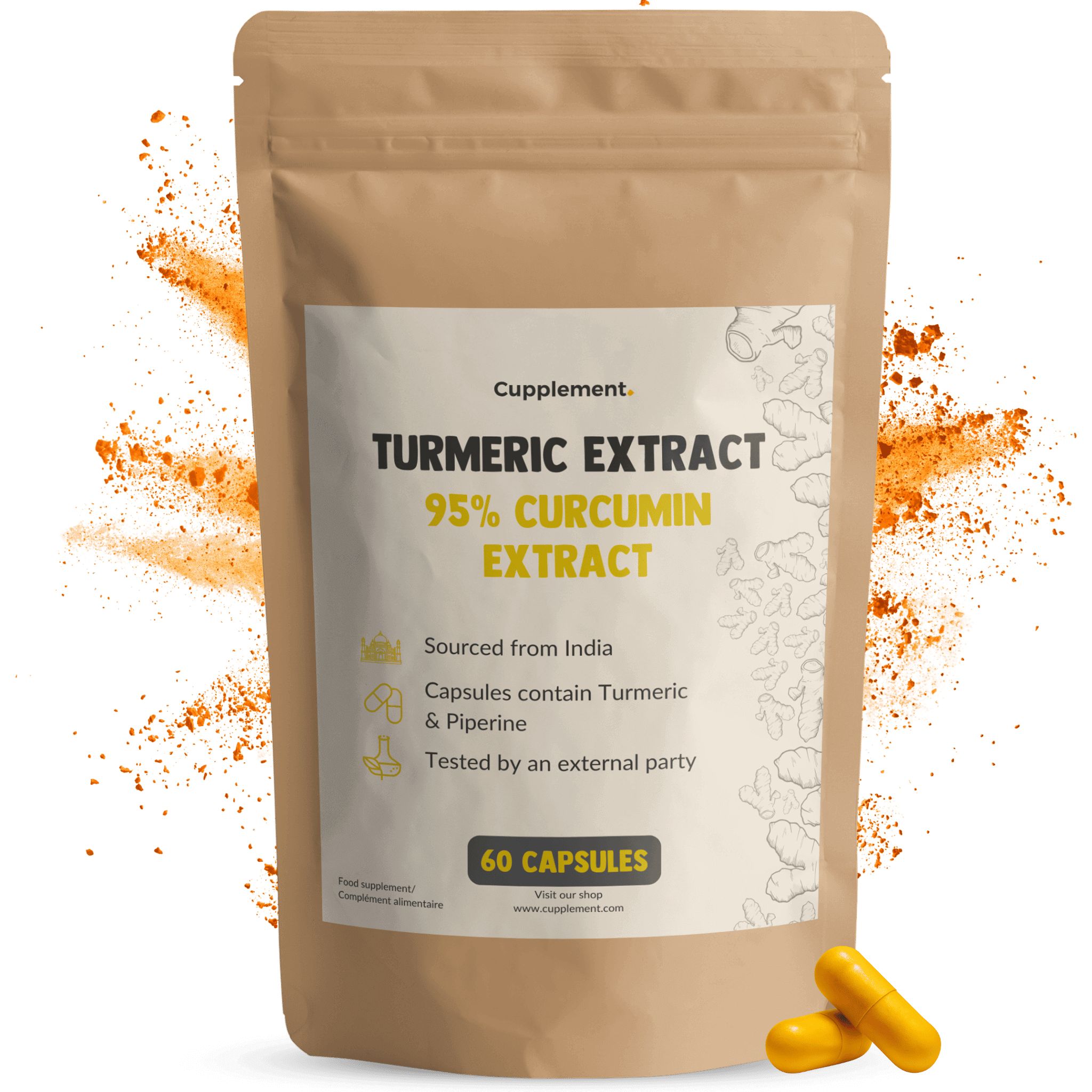 Beutel mit Kapseln. Aufschrift: Turmeric Extract, 95% Curcumin Extract. 60 Kapseln. Gelbe Kapseln daneben.