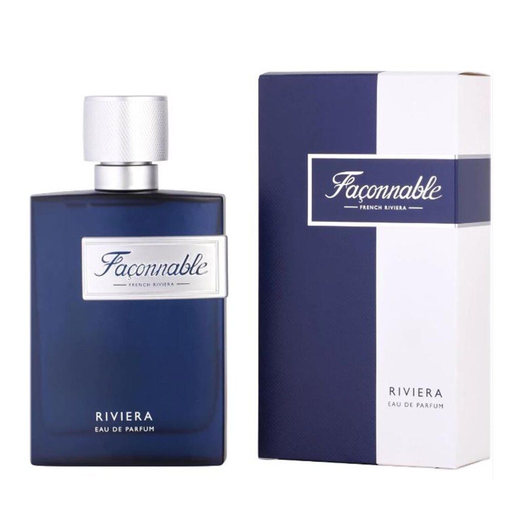 Dunkelblaue Flasche und Verpackung. Aufschrift: Façonnable Riviera Eau de Parfum.