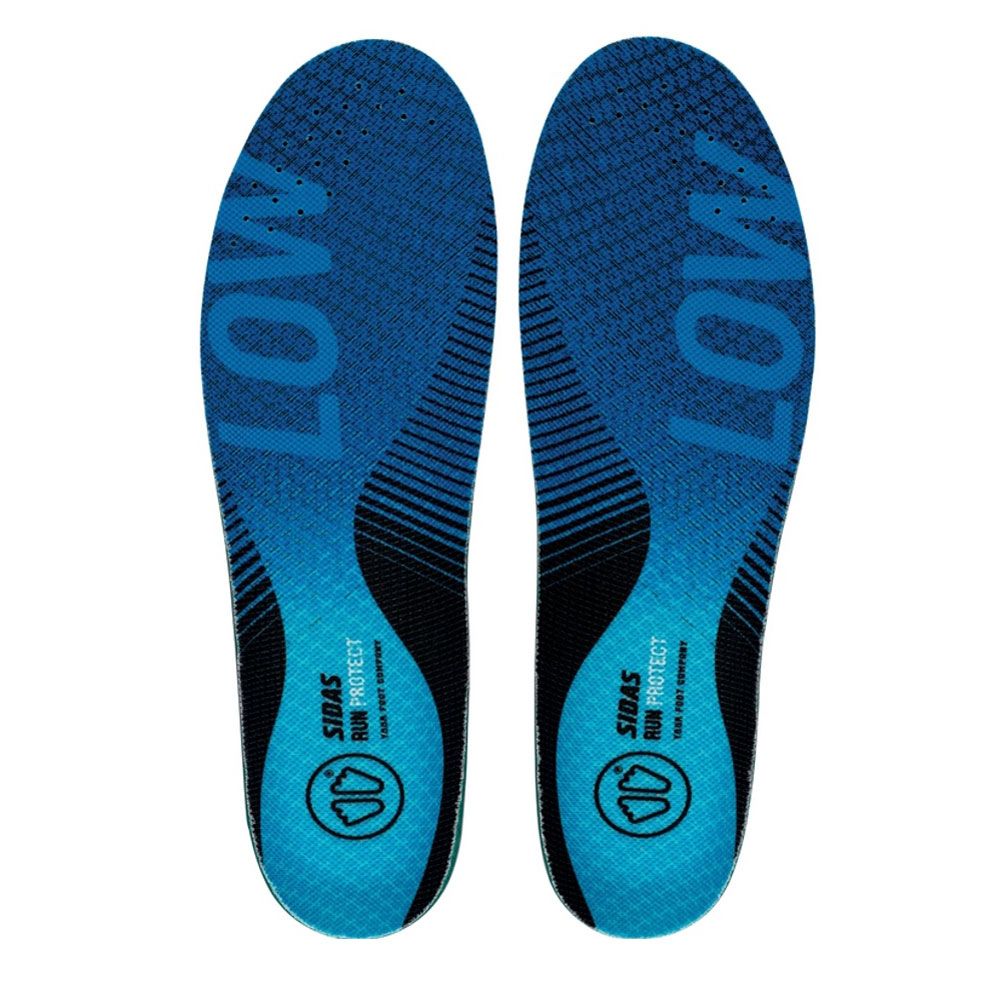 Zwei Einlegesohlen SIDAS Run Protect LOW. Blau und schwarz. Logo und Schriftzug. Anatomische Form. Oberseite blau.