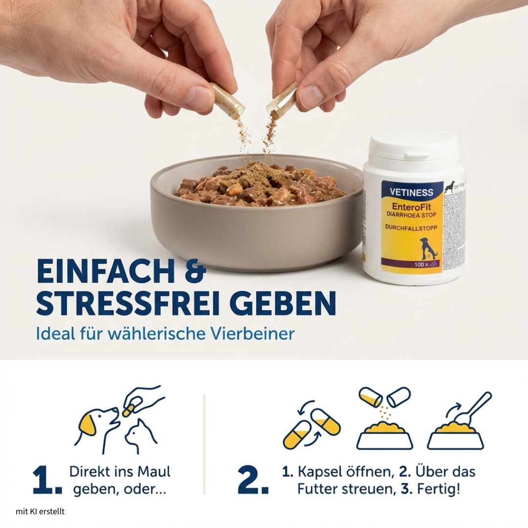 Hände geben Kapseln in einen Napf mit Futter. Text: Einfach & Stressfrei geben. 3 Schritte: Kapsel öffnen, ins Futter streuen, fertig!