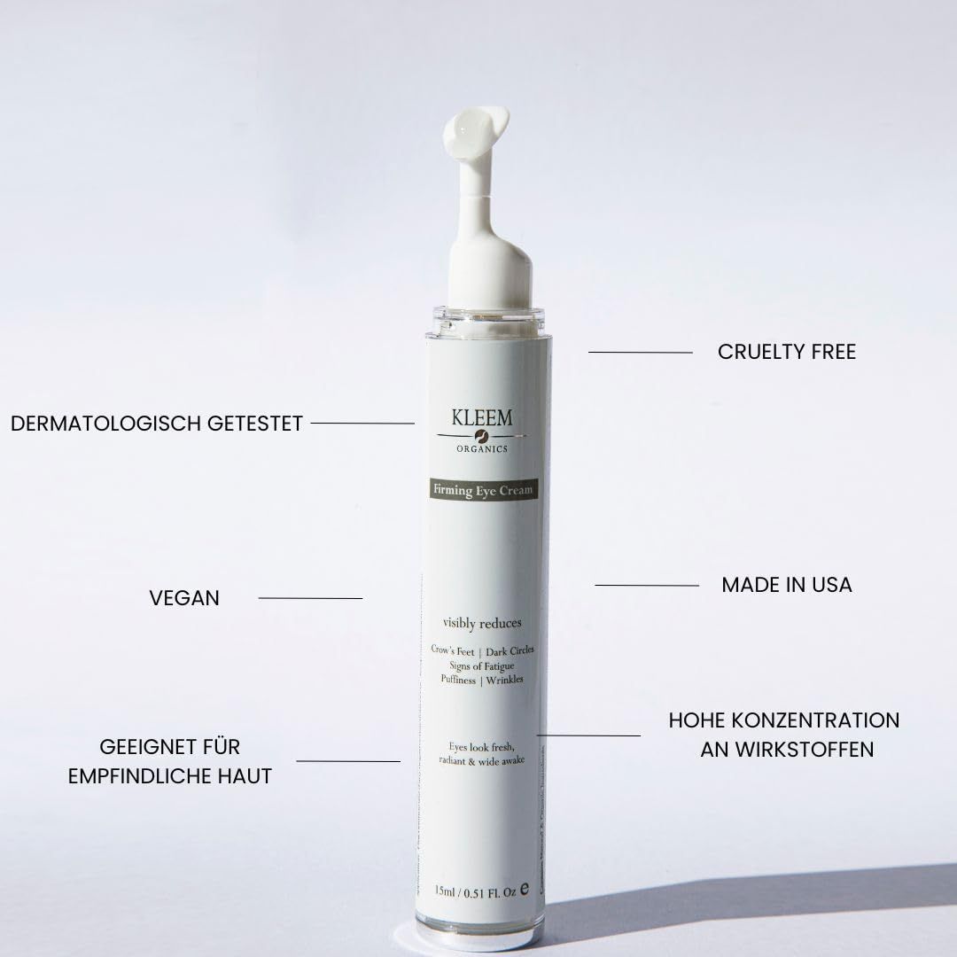 Weißes Kleem Augengel mit Applikator. Text: Dermatologisch getestet, vegan, geeignet für empfindliche Haut, made in USA.
