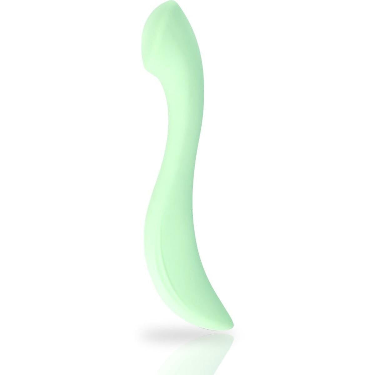 Grüner Vibrator mit geschwungener Form. Glatte Oberfläche, leicht gebogen.