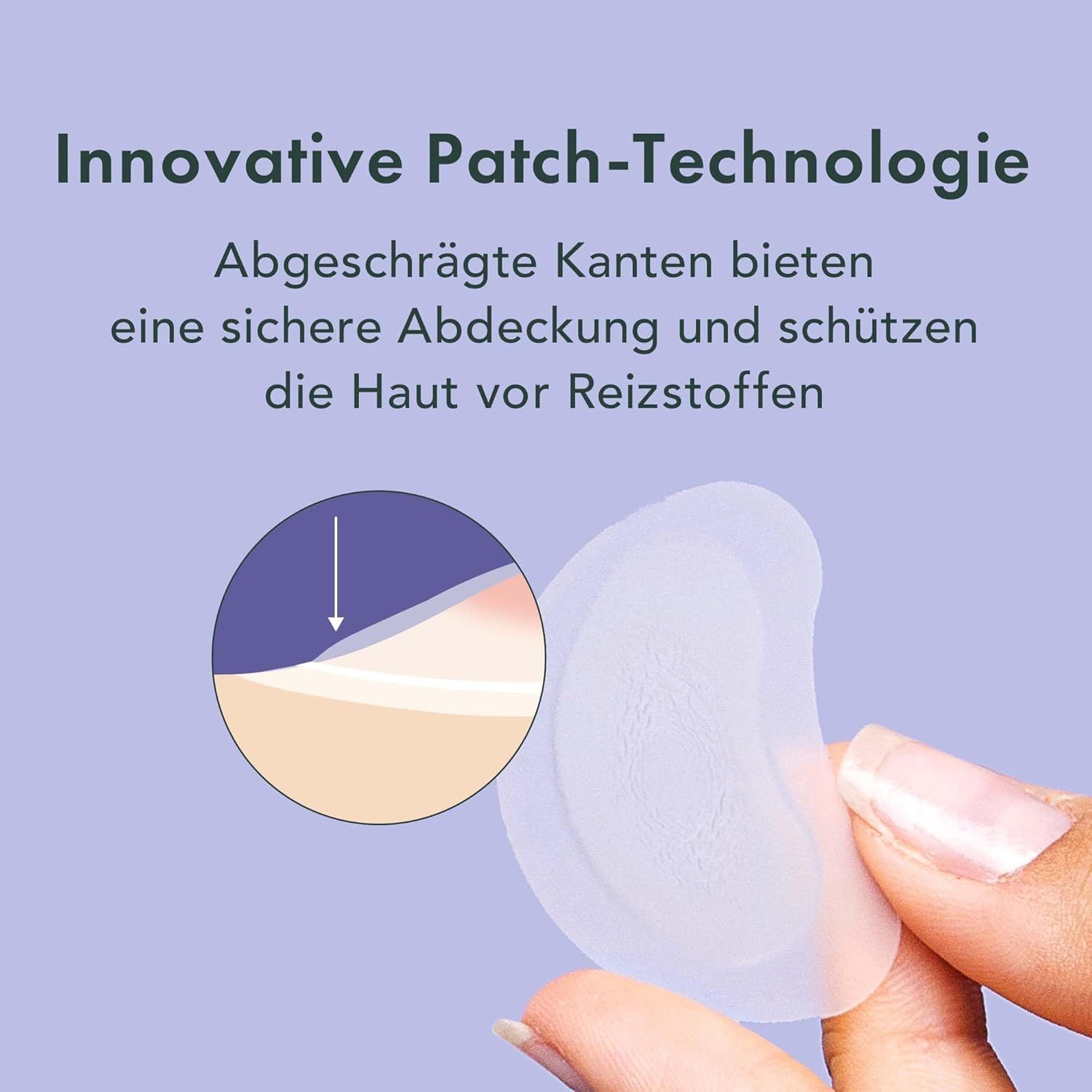 Durchsichtiges Pflaster mit abgeschrägten Kanten. Text: Innovative Patch-Technologie. Abgeschrägte Kanten bieten sichere Abdeckung.