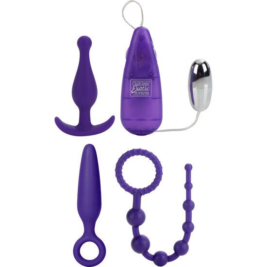 Vier Teile des CalExotics Hers Anal Kits: Plug, Vibrator, Steuergerät und Perlenkette.