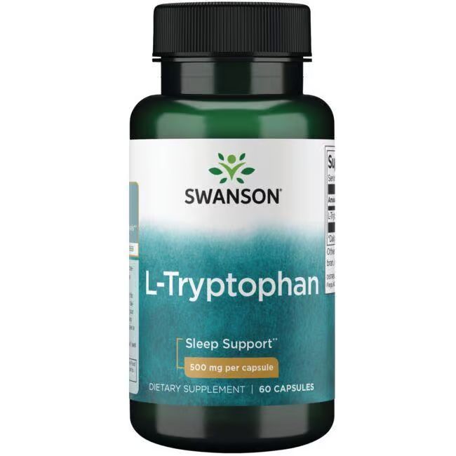 Grüne Flasche mit schwarzem Deckel. Etikett mit "SWANSON L-Tryptophan", "500 mg per capsule" und "60 capsules".