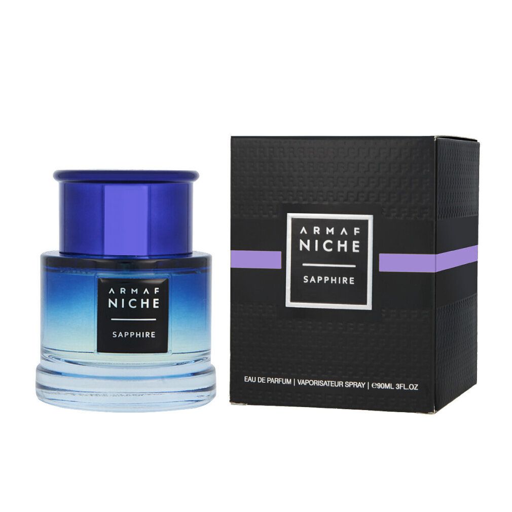 Flakon und Schachtel. Flakon mit blauem Deckel. Schachtel mit Text: ARMAF NICHE SAPPHIRE. Lila Streifen.