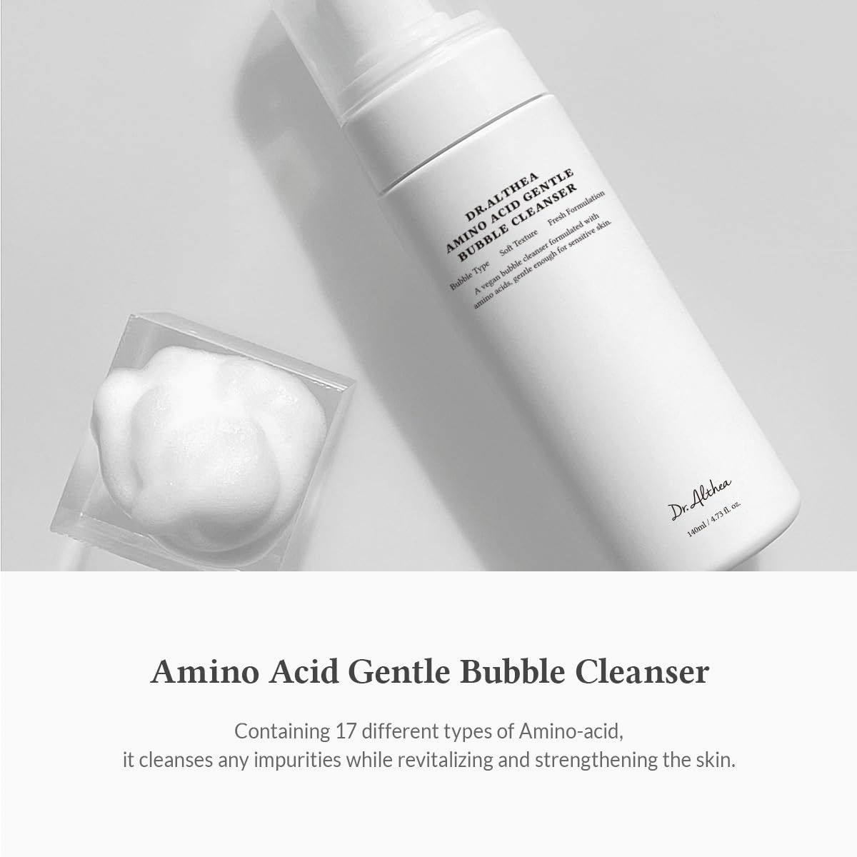 Weiße Flasche mit Produktnamen und Schaum. Transparenter Behälter mit Schaum daneben.