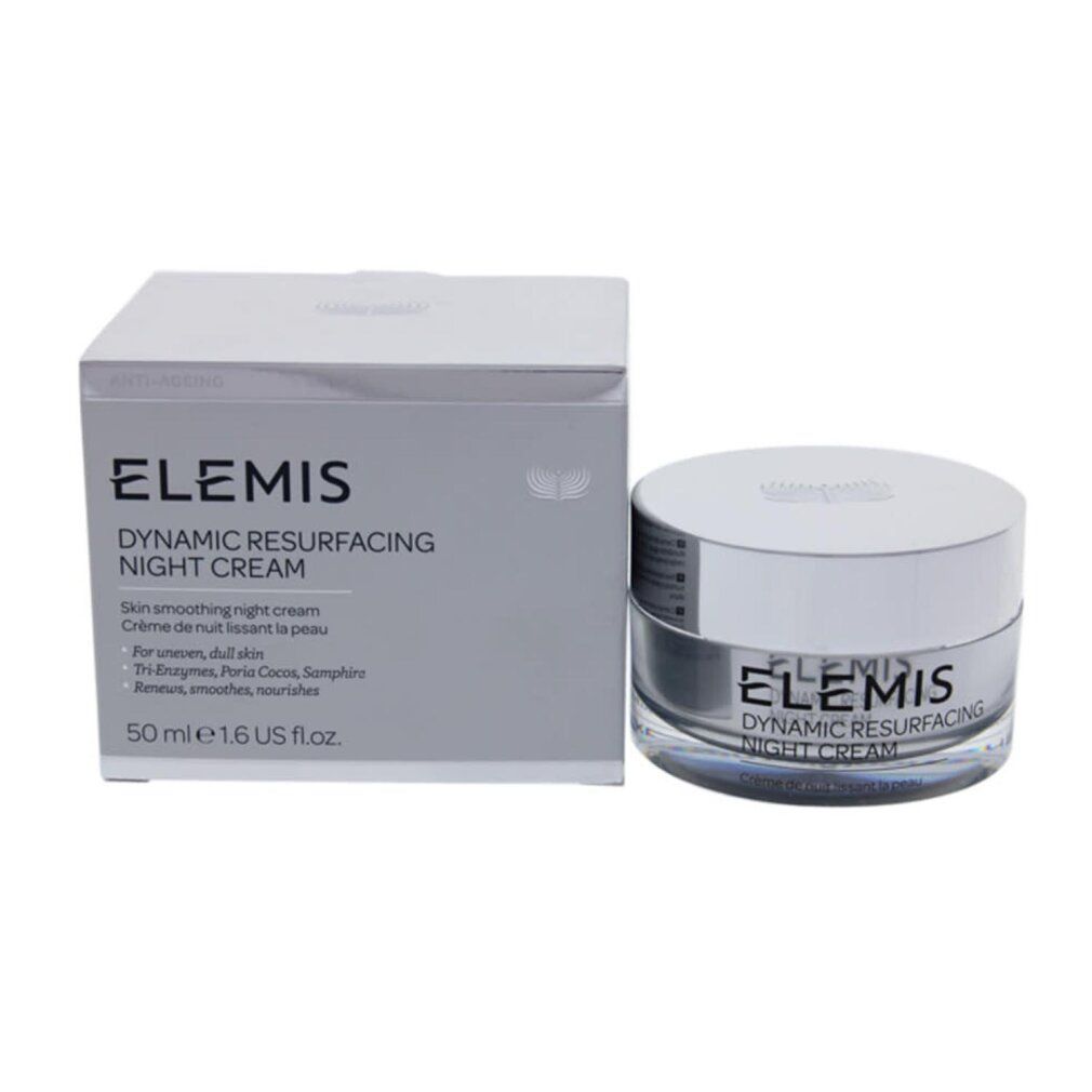Produktverpackung und Tiegel. Aufschrift: Elemis Dynamic Resurfacing Night Cream. Auf der Verpackung: 50 ml.