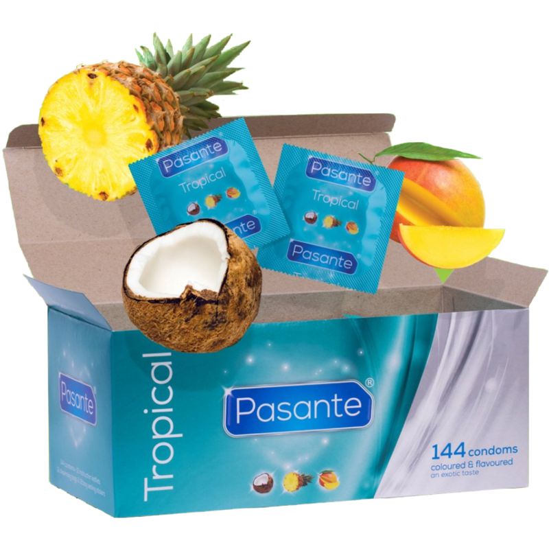 Packung Pasante Tropical. 144 Kondome, farbig und aromatisiert. Ananas, Kokosnuss und Mango neben geöffneter Verpackung.