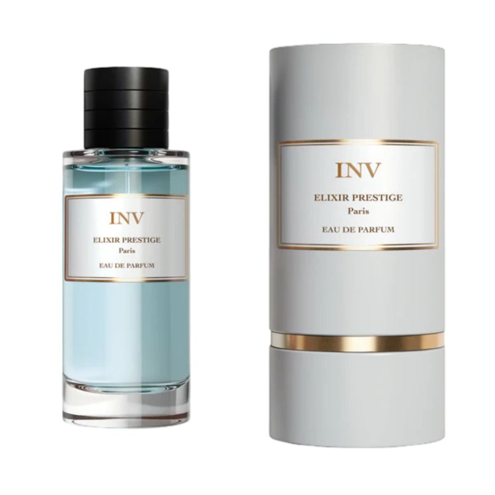 Parfümflakon und Verpackung. Flakon mit INV-Etikett, hellblauer Flüssigkeit. Zylindrische Verpackung mit INV-Logo und goldfarbenen Akzenten.