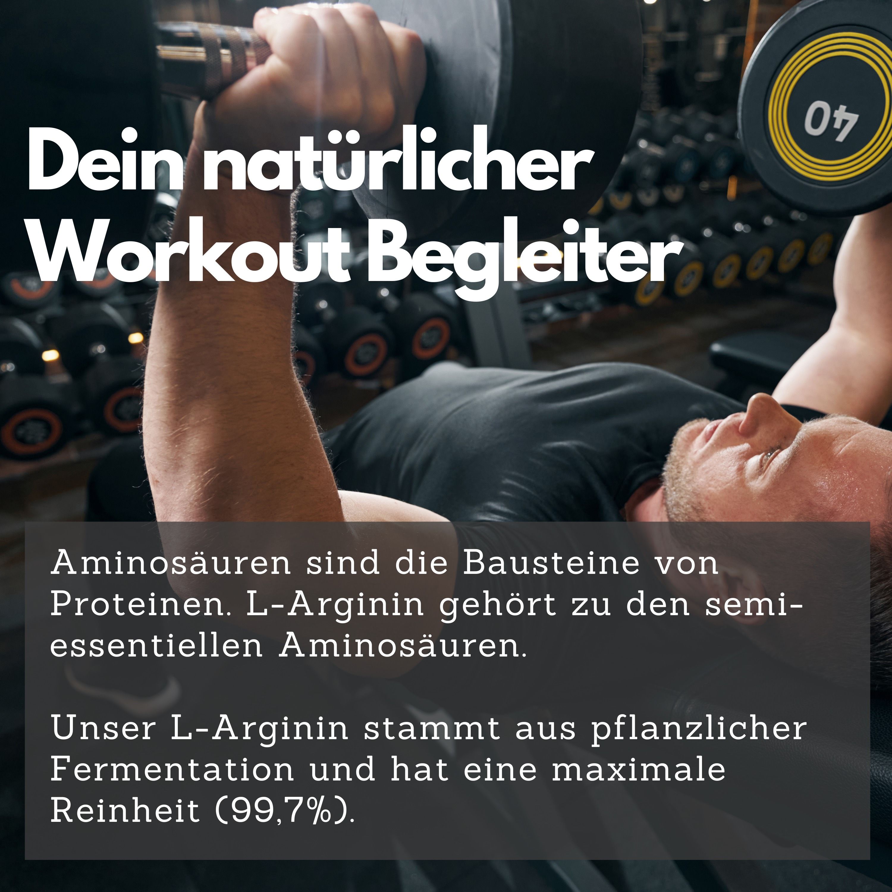 Mann beim Training mit Hantel. Text: Aminosäuren sind die Bausteine von Proteinen. L-Arginin gehört zu den semi-essentiellen Aminosäuren.