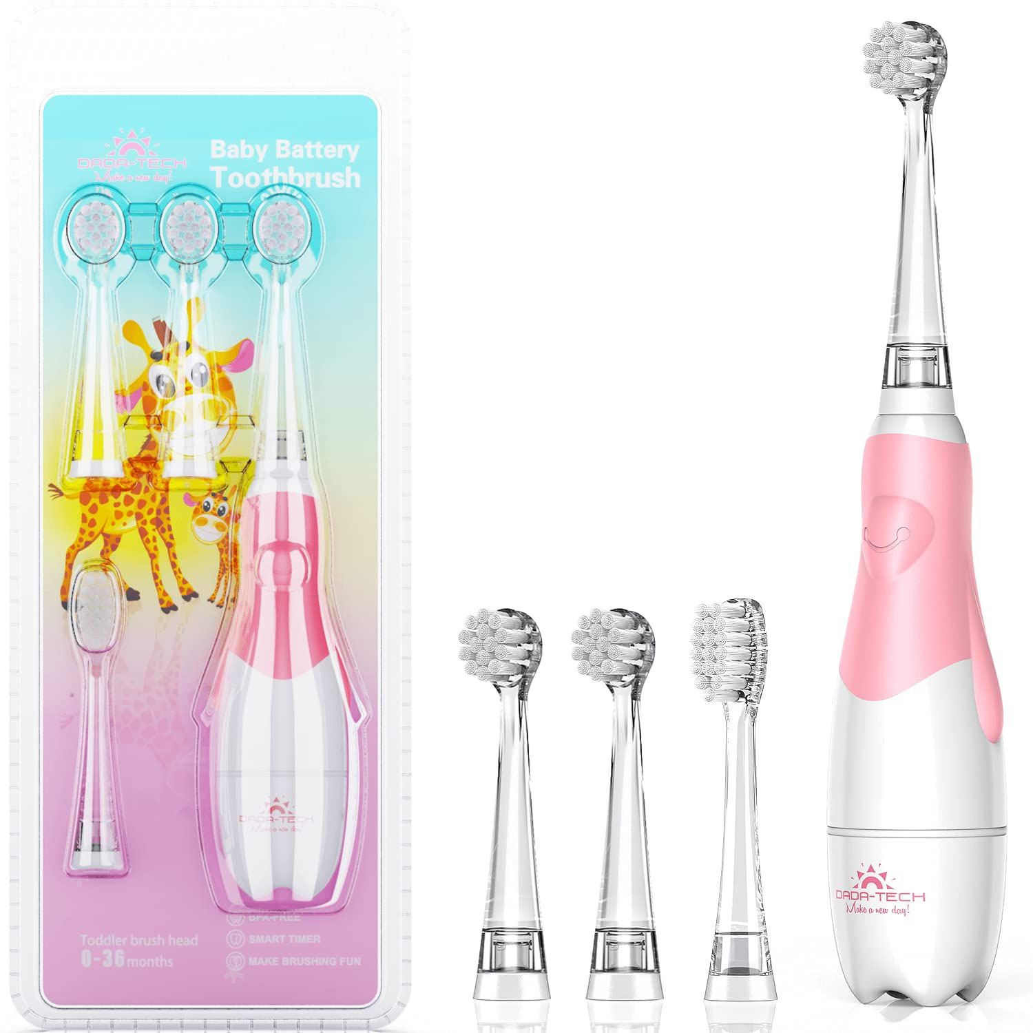 Elektrische Zahnbürste für Babys und Kinder. Rosa-weißes Design mit Ersatzbürstenköpfen. Verpackung mit Produktnamen und Illustrationen.