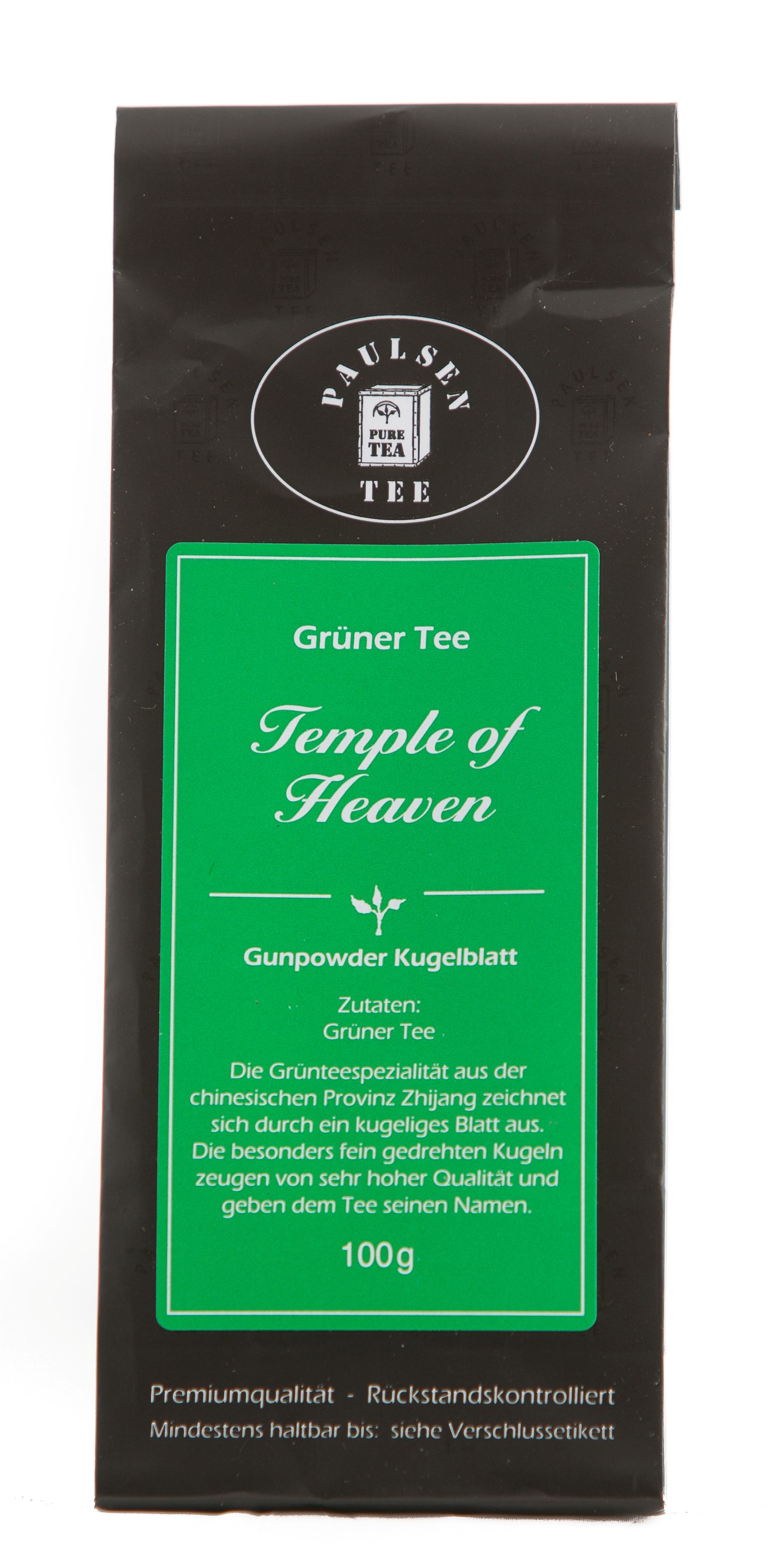 Schwarze Verpackung mit grünem Etikett. Aufschrift: Paulsen Tee, Grüner Tee, Temple of Heaven, Gunpowder Kugelblatt. 100g.