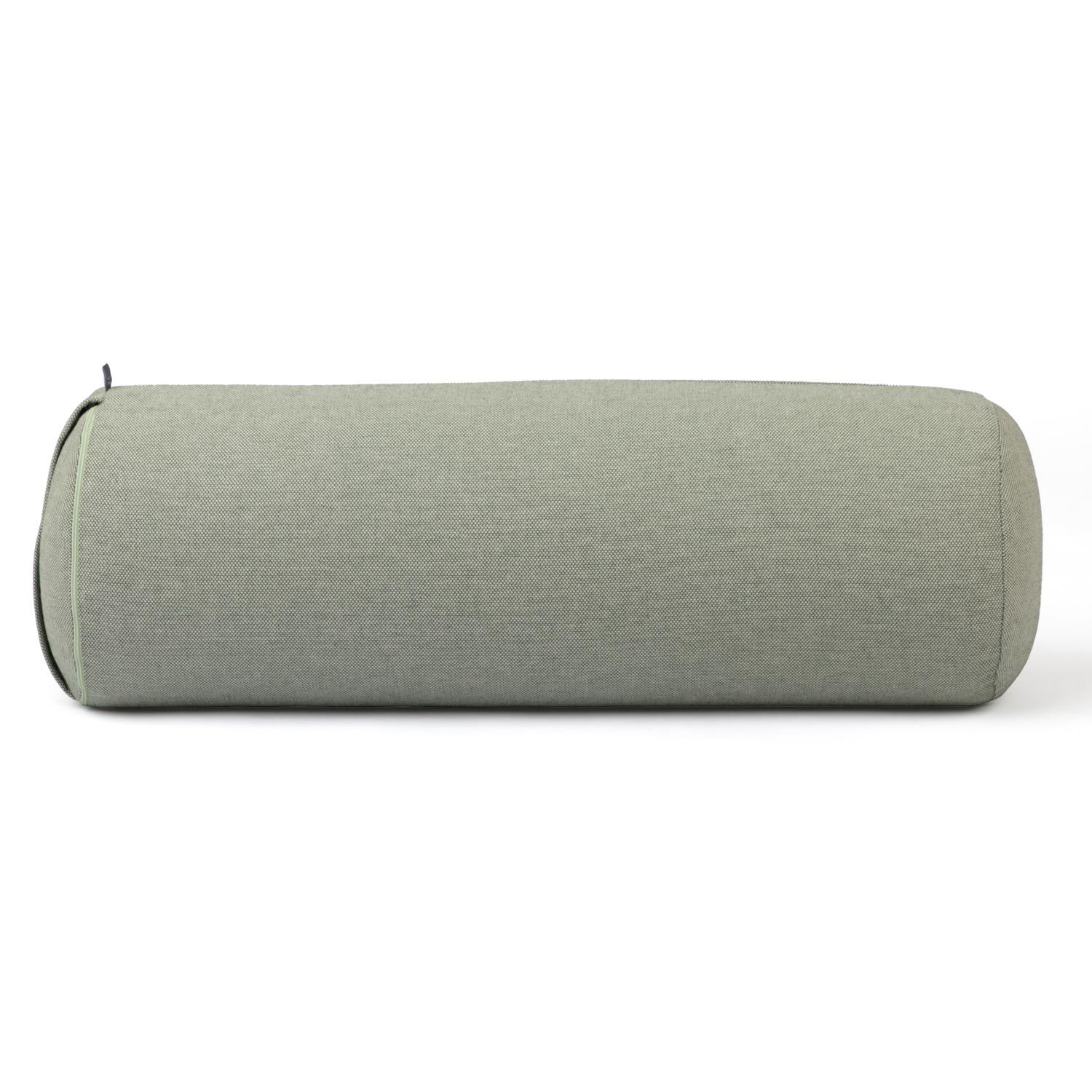 Zylindrisches Yoga-Bolster, hellgrüner Stoff, Enden abgerundet. Reißverschluss an einem Ende.