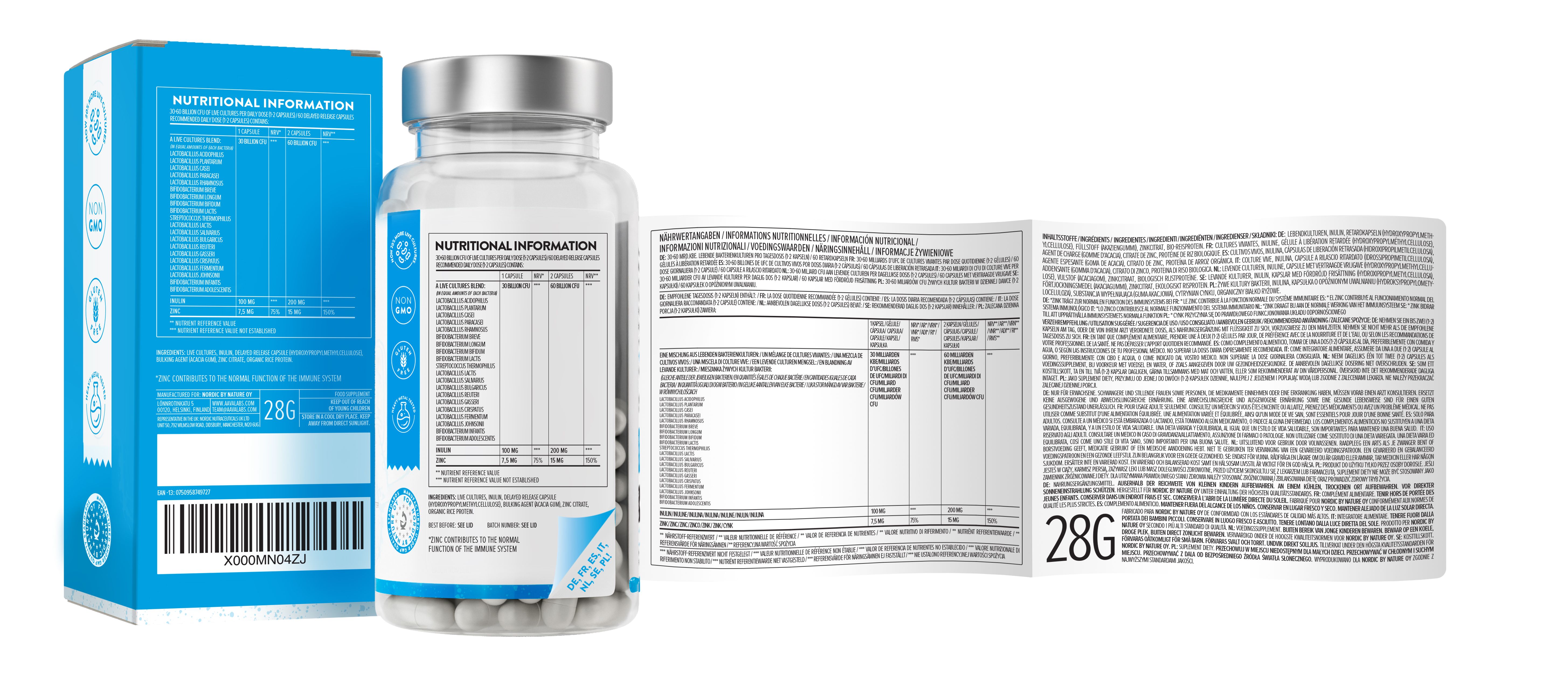 Produktverpackung mit Flasche und Beipackzettel. Nährwertangaben und Produktinformationen. 28g.