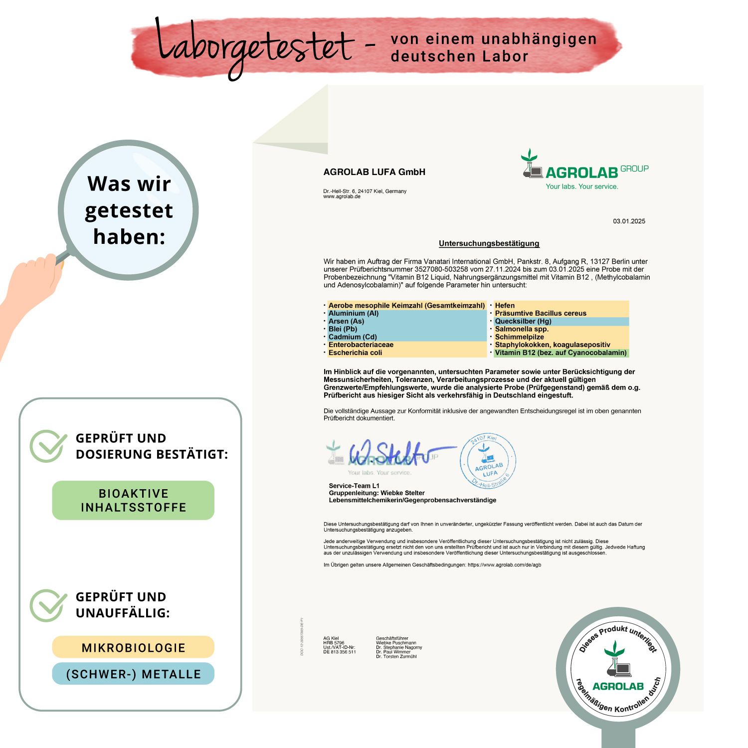 Zertifikat von Agrolab LUFA GmbH. Bestätigung der Inhaltsstoffe und Mikrobiologie. Geprüft und bestätigt.