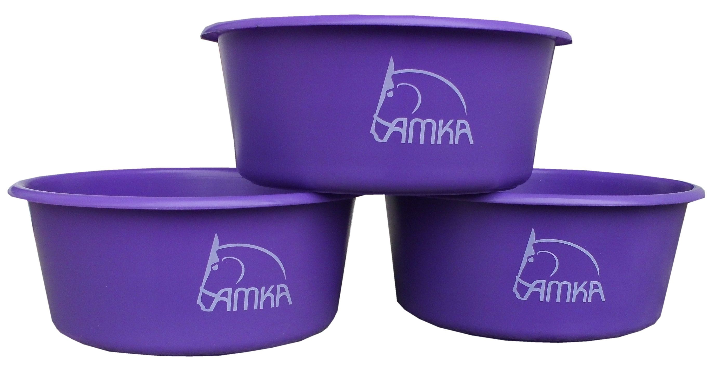 Drei violette Futterschalen ohne Deckel, übereinander gestapelt. Mit weißem AMKA-Logo und Pferde-Silhouette.