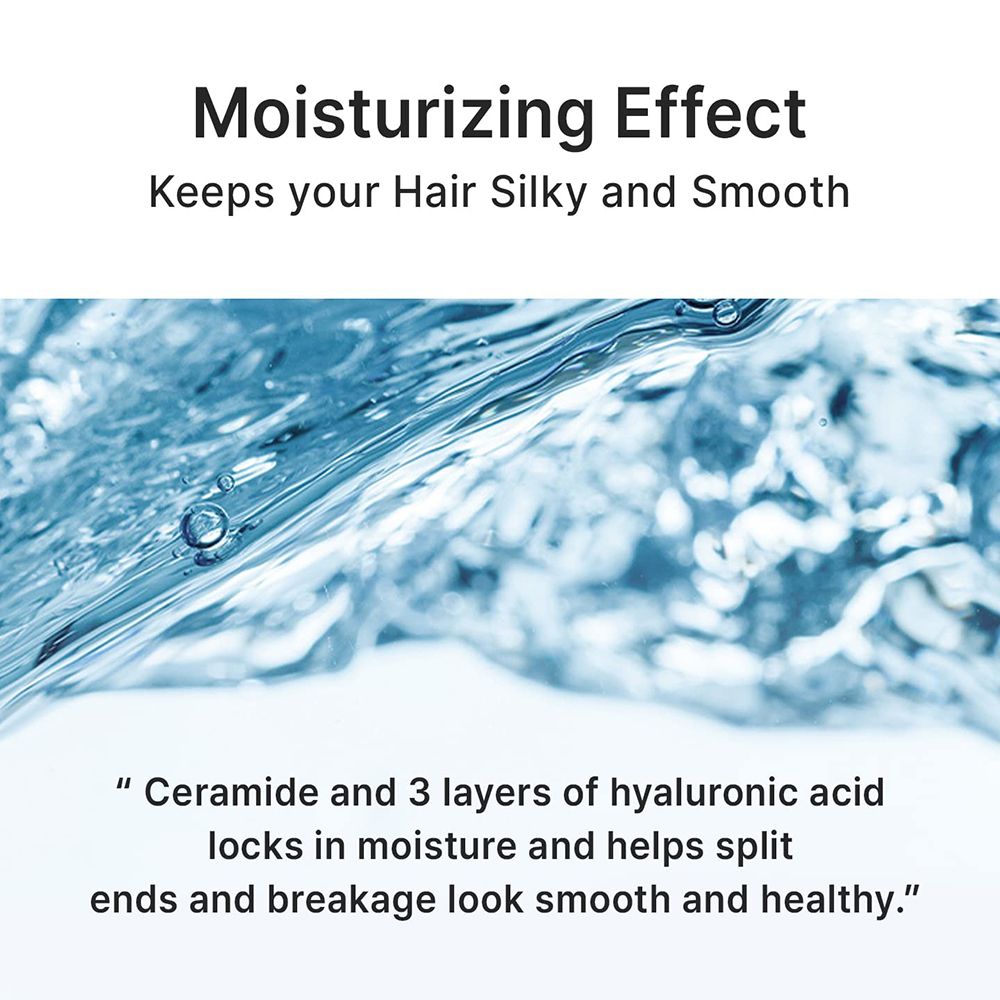 Wassertextur. Text: Feuchtigkeitsspendende Wirkung. Hält Ihr Haar seidig und glatt. Ceramid und 3 Schichten Hyaluronsäure.