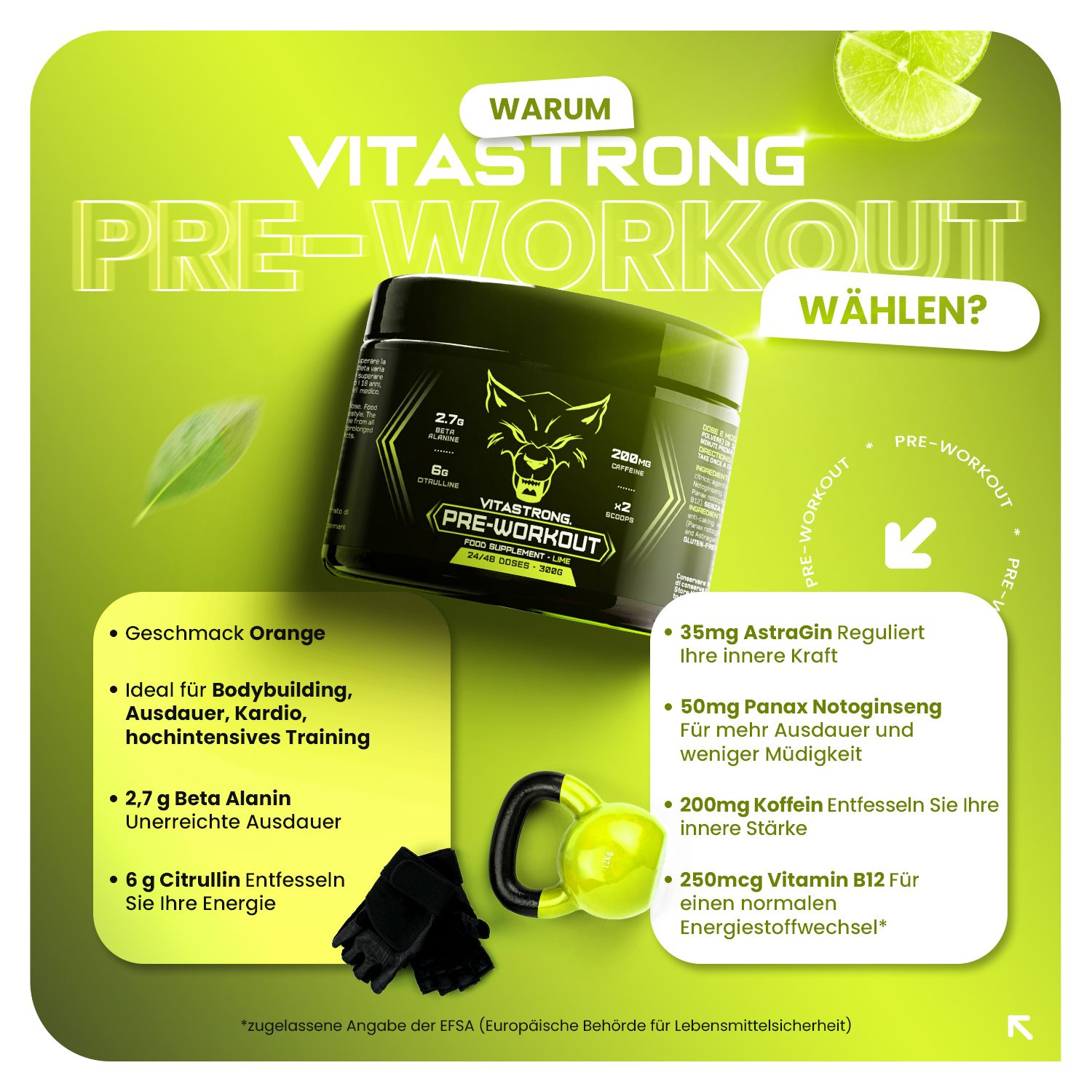 Vitastrong Pre-Workout Dose. Schwarze Dose mit Wolfslogo. Text: WARUM Vitastrong wählen? Inhaltsstoffe.