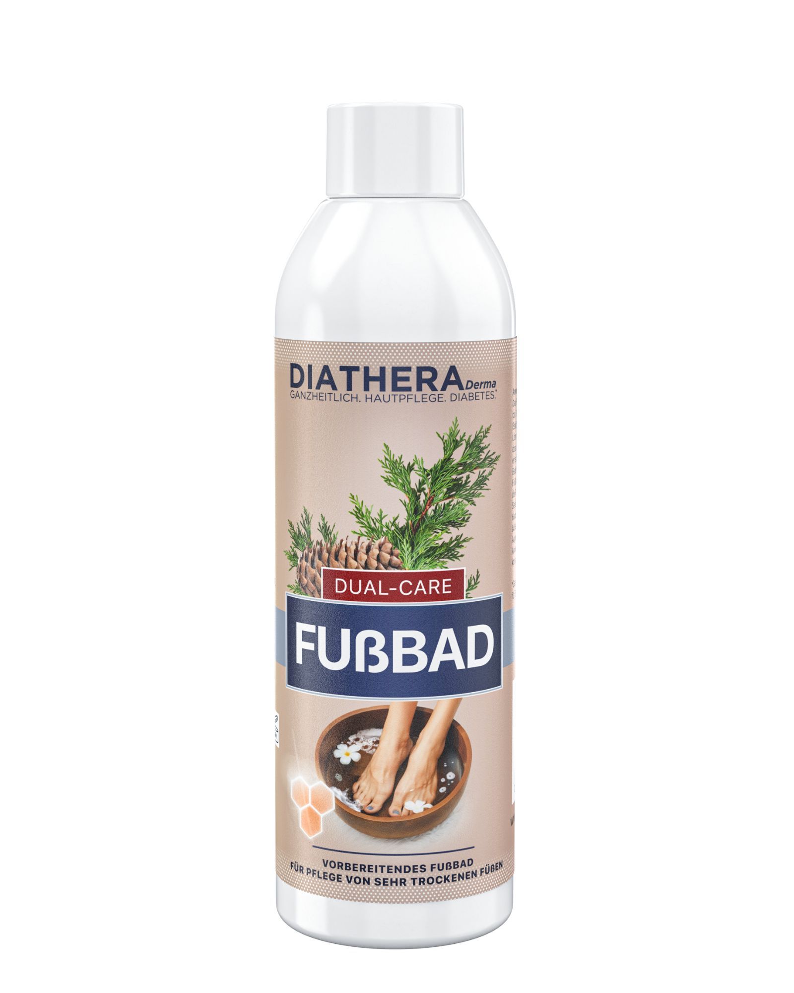 DIATHERA Derma Fußbad: Flasche mit Fichtenzweigen und Zapfen. Zeigt Füße in einer Schale.