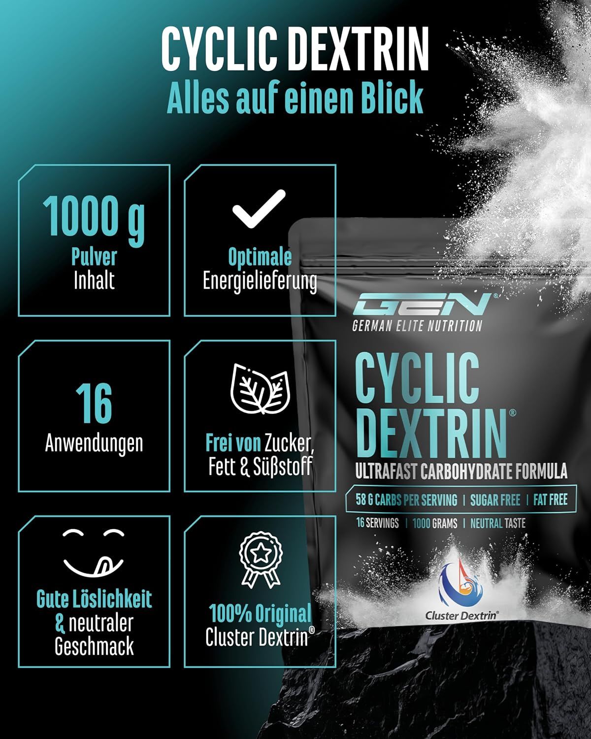 GEN Cyclic Dextrin Beutel, 1000g Pulver. 16 Anwendungen. Frei von Zucker, Fett & Süßstoff.