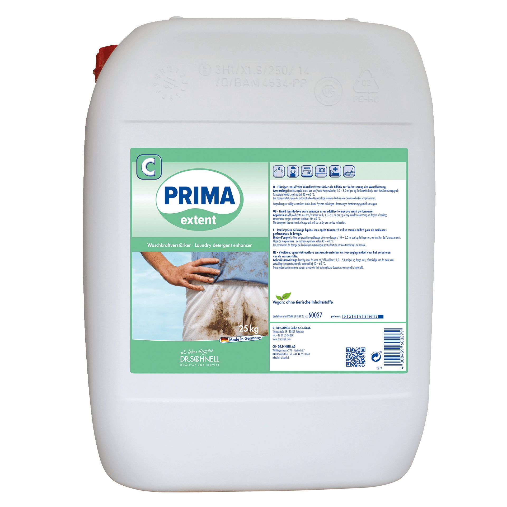 Weißer Kanister mit grünem Etikett. Aufschrift PRIMA extent. Abbildung eines verschmutzten Kleidungsstücks. 25 kg. DR. SCHNELL.