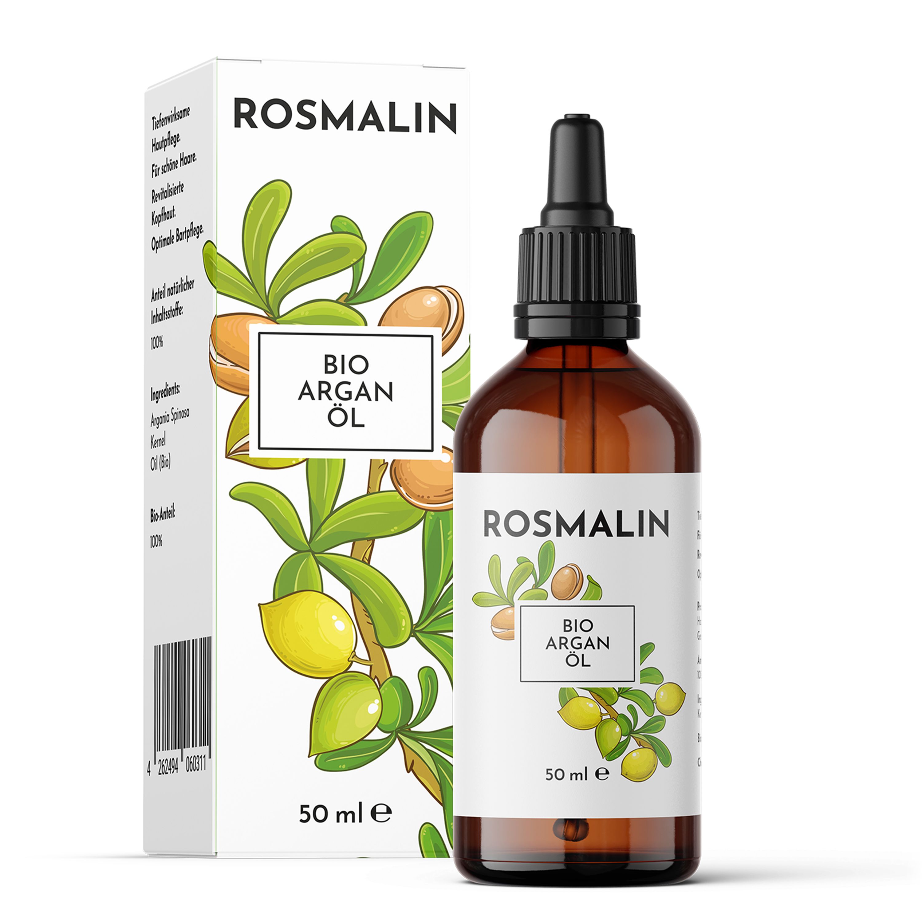 Rosmalin® Bio Arganöl in Verpackung. Braune Flasche mit Pipette. Text: 50 ml.