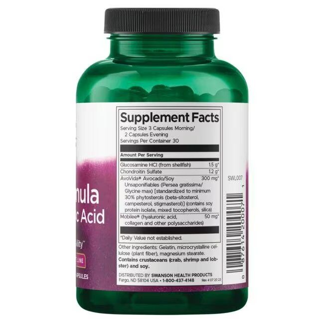 Rückseite der grünen Flasche. Etikett mit Nährwertangaben und Inhaltsstoffen. Enthält Glucosamin, Chondroitin, Avocado.