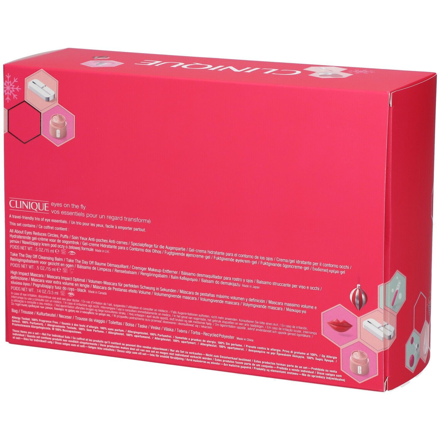 Rückseite des Geschenksets CLINIQUE Eyes on the fly. Rosa Verpackung mit Text und Produktinformationen. Logo CLINIQUE.