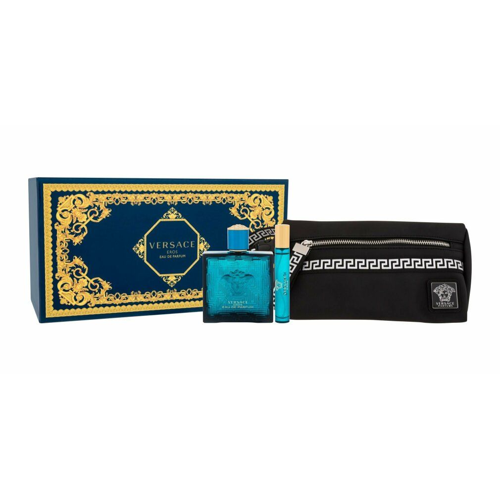 Geschenkset mit blauem Flakon, Zerstäuber, Kosmetiktasche. Flakon mit blauem Deckel, goldfarbenem Logo. Schwarze Tasche mit Reißverschluss.
