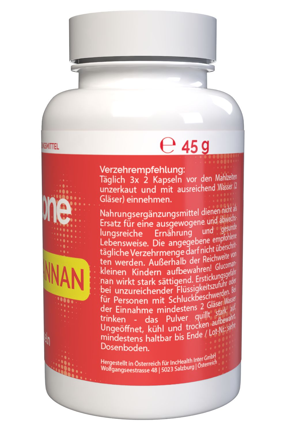 Weiße Flasche mit rotem Etikett. Aufschrift: Welltone Glucomannan. Verzehrempfehlung, 45 g. Hergestellt in Österreich.
