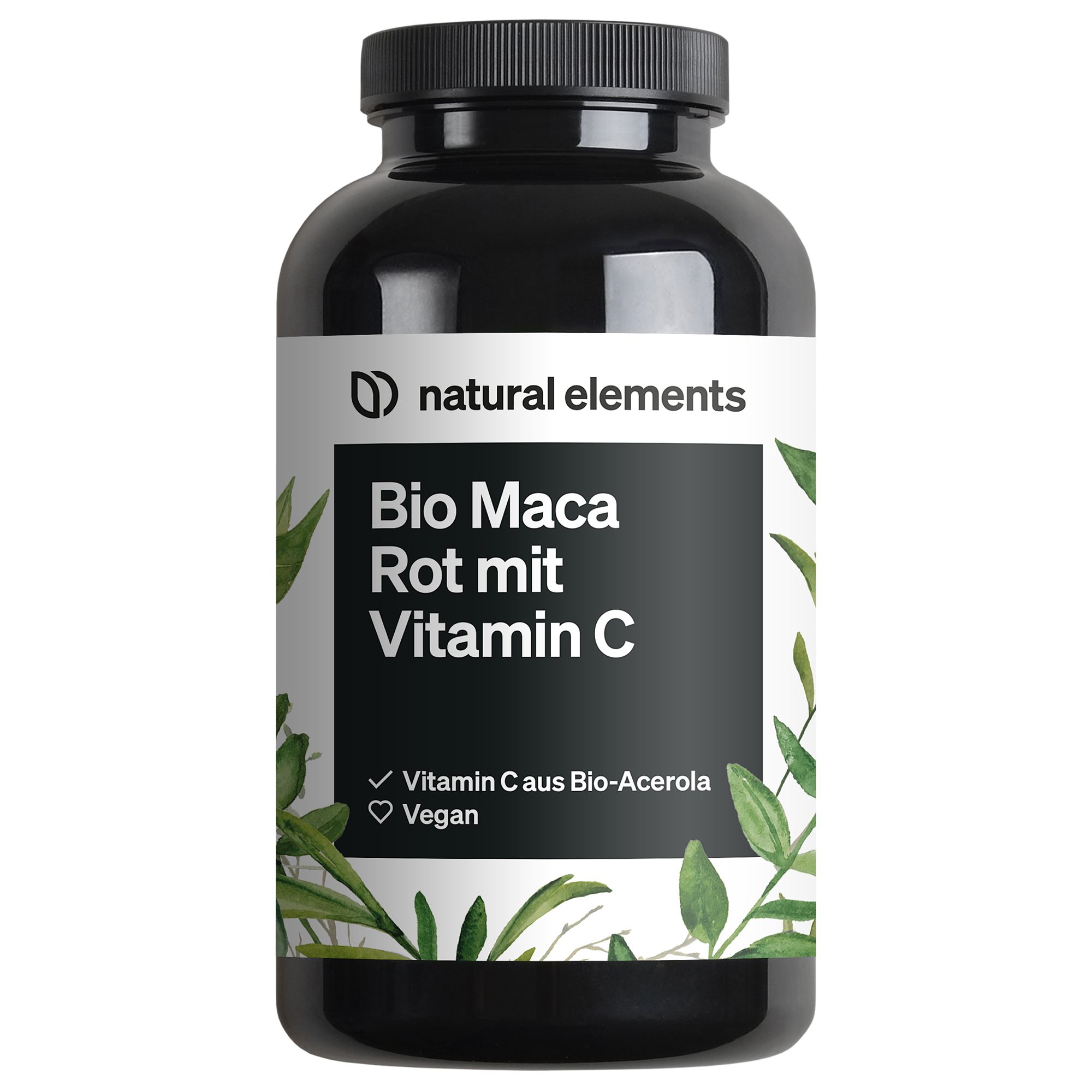 Schwarze Flasche mit weißem Etikett. Aufschrift: Bio Maca Rot mit Vitamin C. Vegan und Vitamin C aus Bio-Acerola.