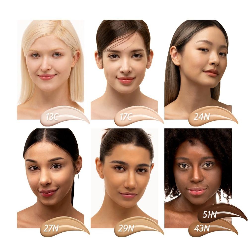 Gesichter von Frauen mit Make-up-Swatches. Verschiedene Hauttöne. Text: 13C, 17C, 24N, 27N, 29N, 51N.
