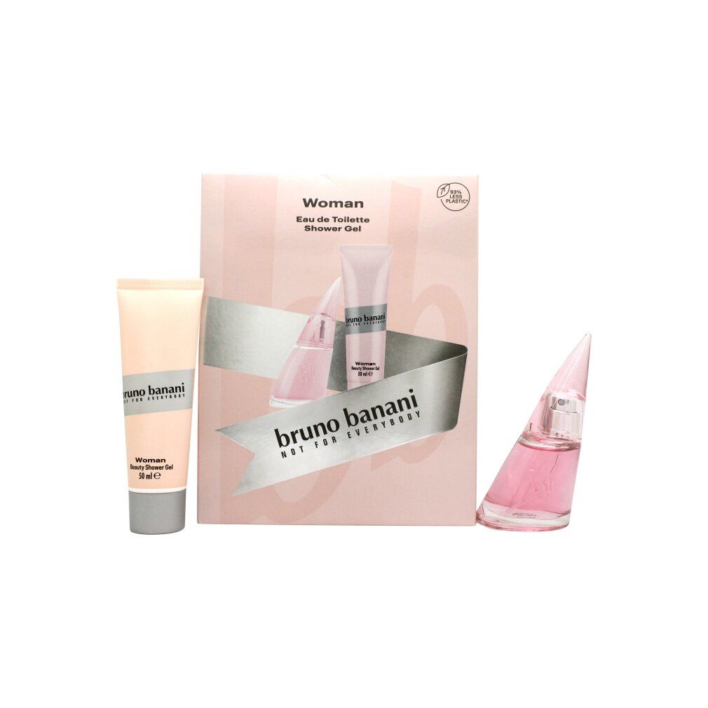 Geschenkset mit rosa Flakon, Tube und Verpackung. Aufschrift: Bruno Banani. Eau de Toilette und Shower Gel.