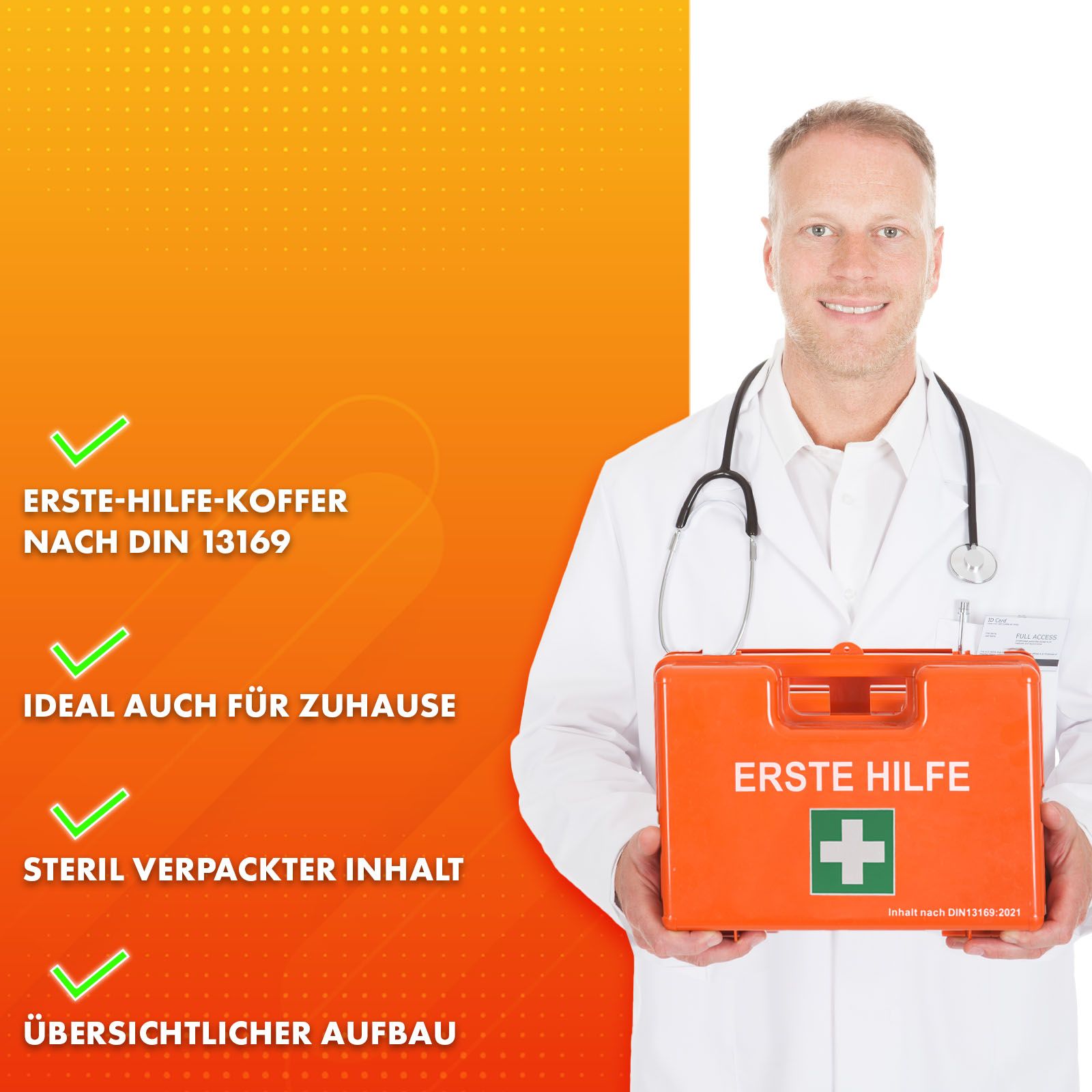 Arzt hält orange Erste-Hilfe-Koffer. Grüne Häkchen: DIN 13169, ideal für Zuhause, steriler Inhalt, übersichtlicher Aufbau.