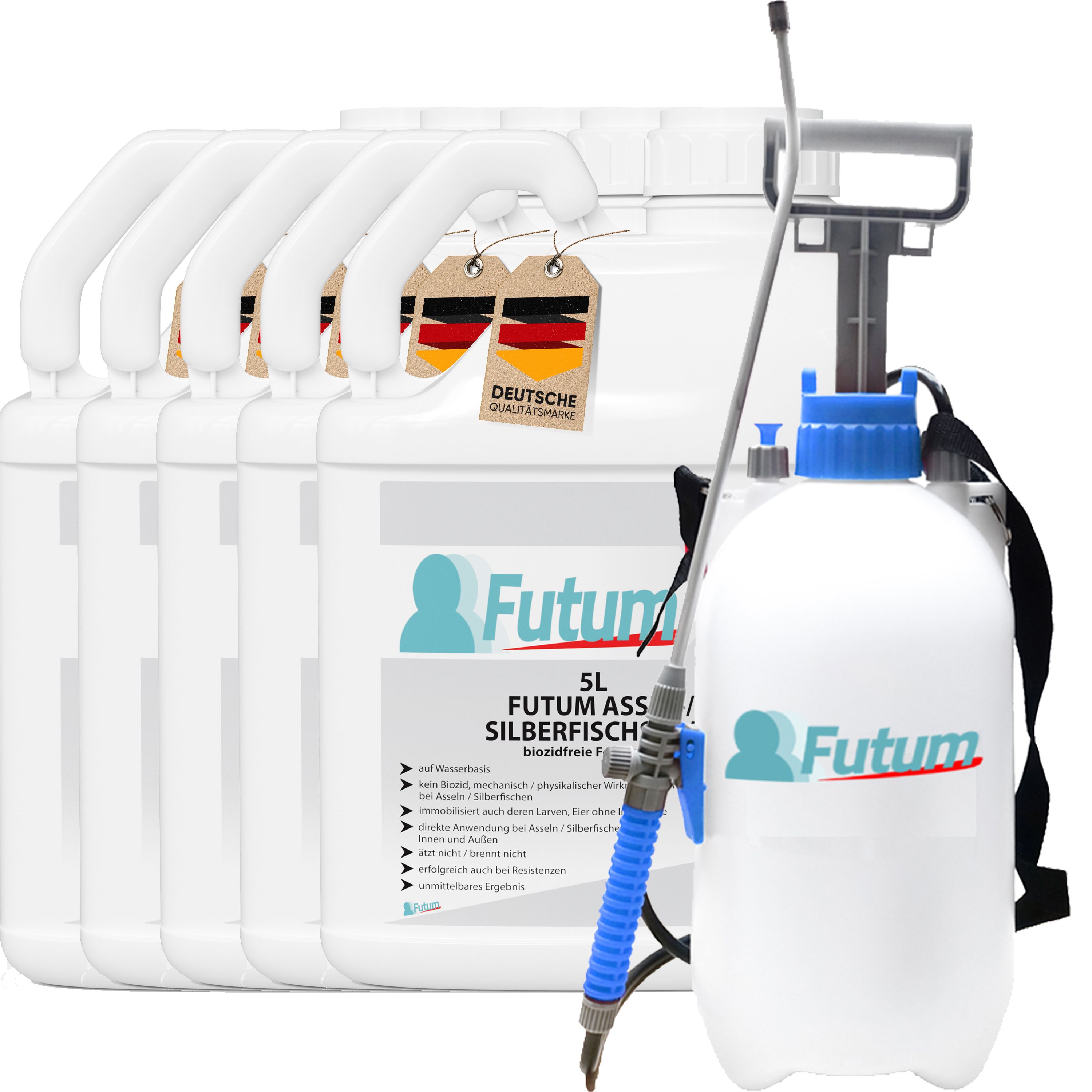 FUTUM 5x5L Silberfisch- / Asselspray + 5L Sprüher