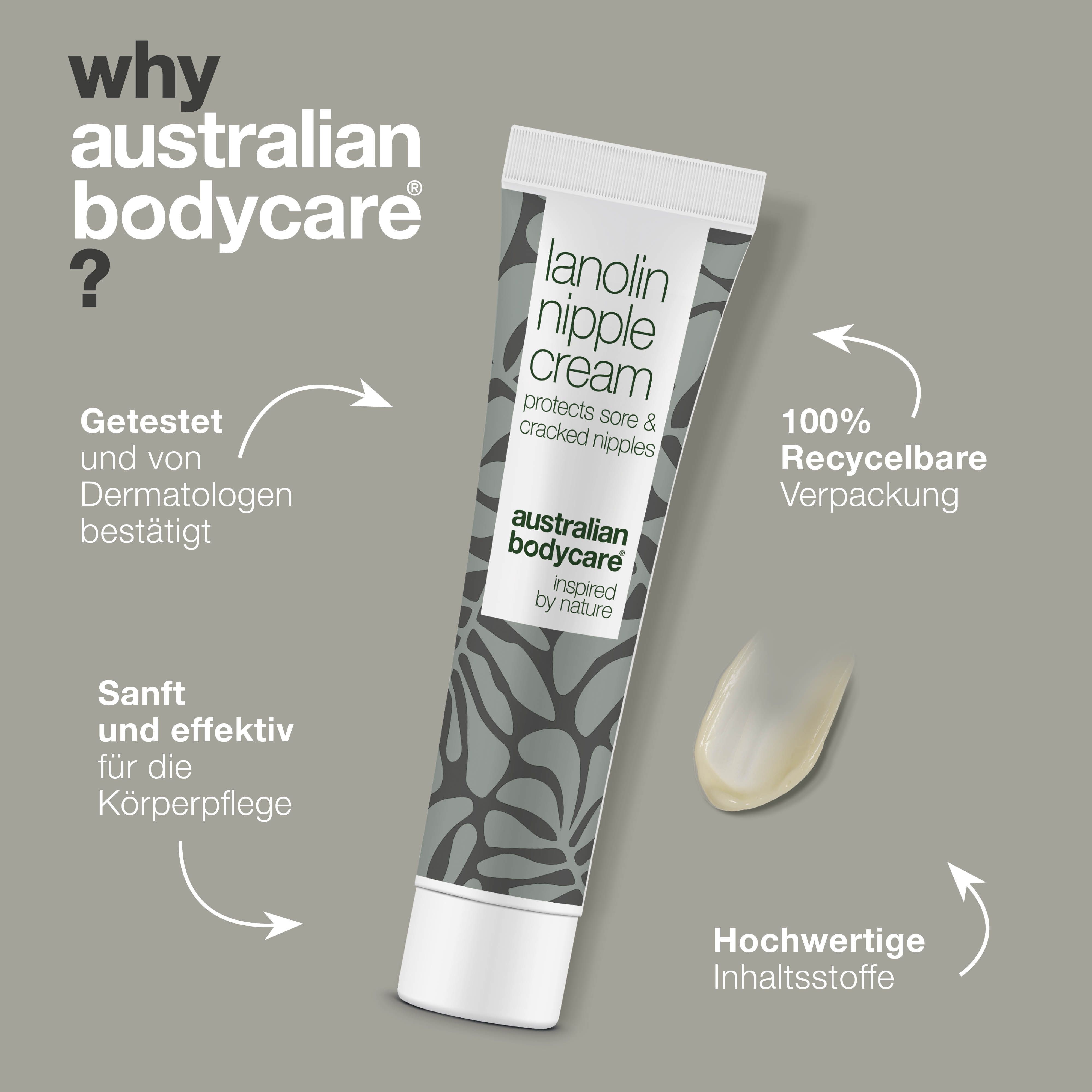 Tube Lanolin-Brustwarzencreme. Text: Australian Bodycare, Lanolin Nipple Cream. Text: 100% recycelbare Verpackung, hochwertige Inhaltsstoffe.
