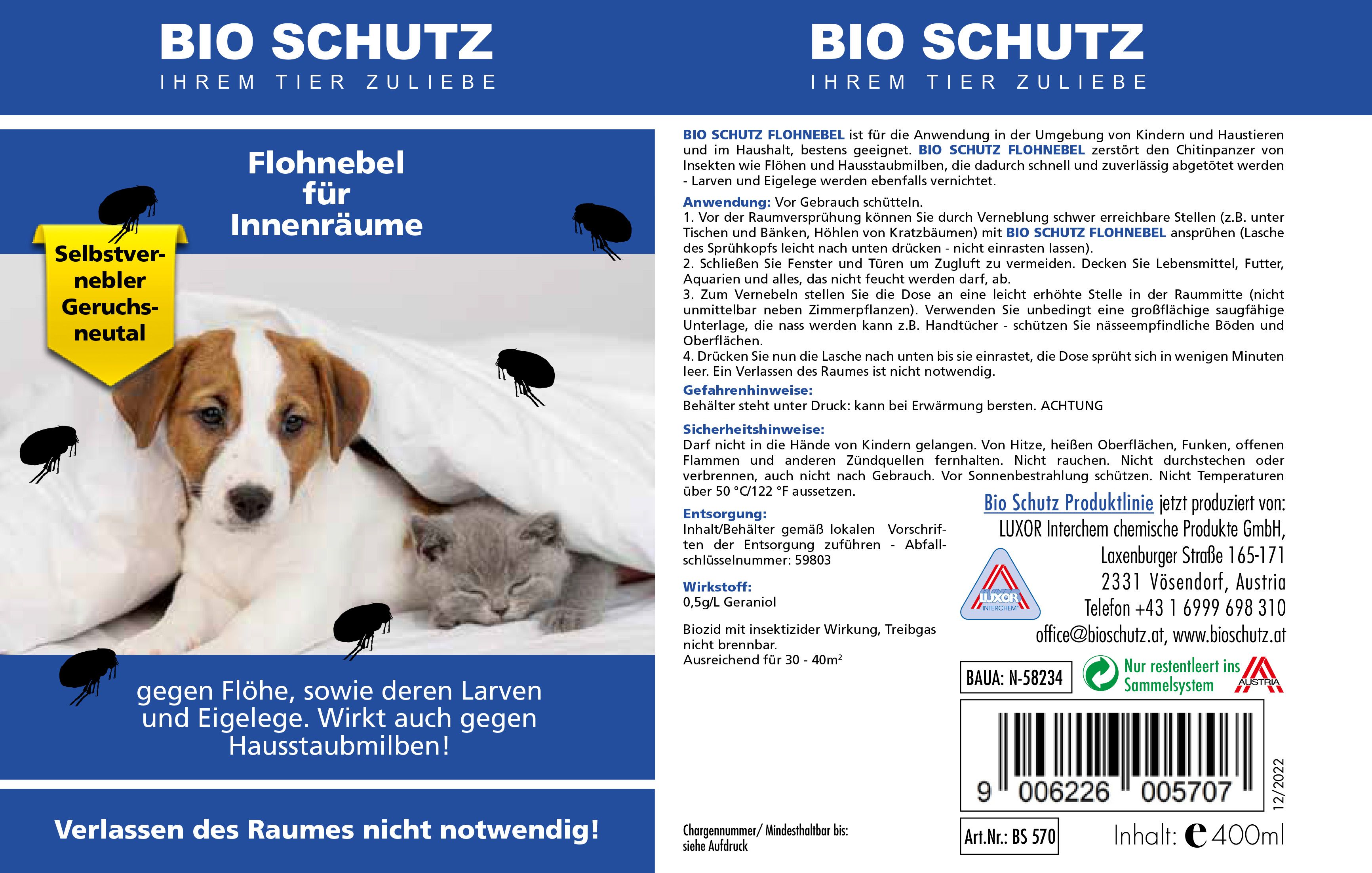 Produktverpackung. Blaue Vorderseite mit Produktnamen und Abbildung von Hund und Katze. Text: Bio Schutz Flohnebel. Rückseite mit Text und Barcode.