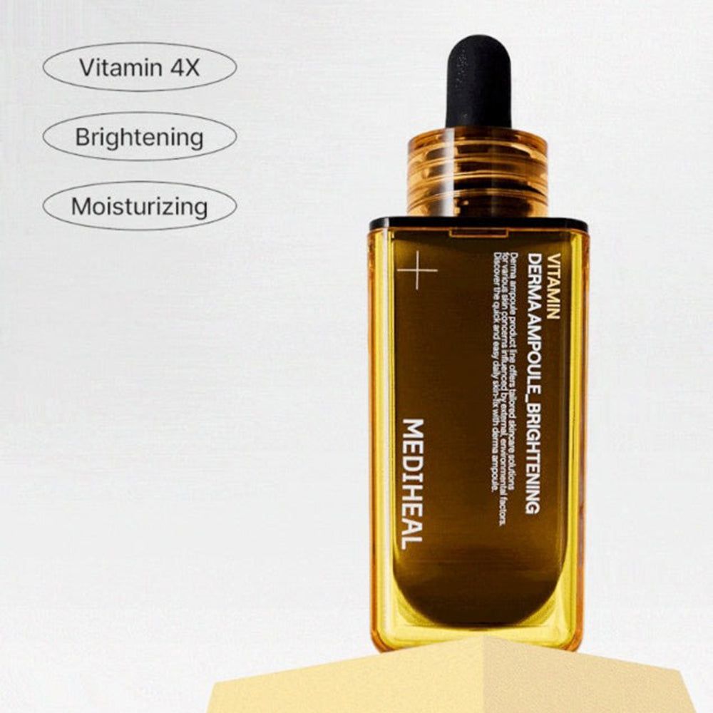 Braune, rechteckige Flasche mit gelbem Rand und schwarzem Tropfer. Aufschrift: Vitamin Derma Ampoule Brightening, MEDIHEAL. Text: Vitamin 4X.