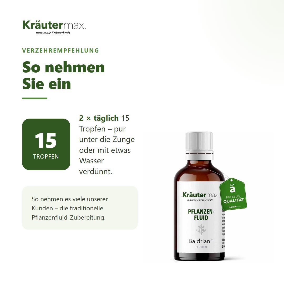 Anwendungshinweis: 15 Tropfen. Daneben eine braune Tropfflasche mit weißem Verschluss.