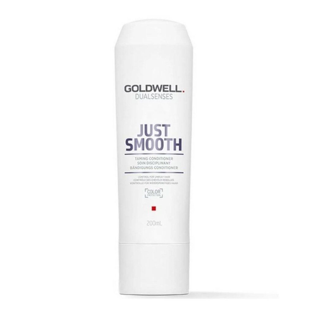 Weiße Flasche Goldwell Dualsenses Just Smooth Conditioner. Text: Taming Conditioner, 200ml. Farbmarkierung.